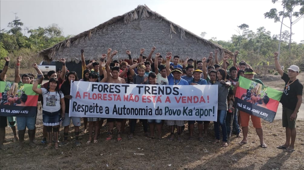 Con brazos extendidos y puños cerrados, más de 30 personas Ka'apor se agrupan de pie en protesta, frente a una casa con pilares de madera y techo de paja. Algunos de ellos sostienen una pancarta con la leyenda: "Forest Trends, el bosque no está en venta.
