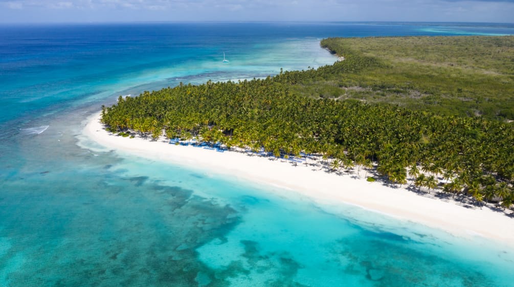 Vista aérea de la Isla Saona en la República Dominicana con sus cocoteros y el turquesa del Mar Caribe