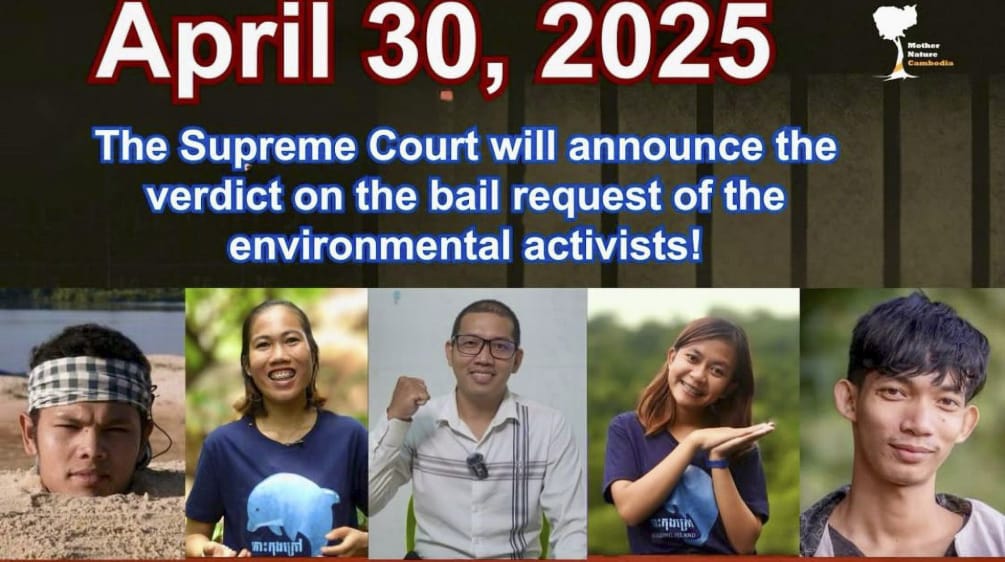 Collage con cinco miembros de MNC (dos mujeres y tres hombres). En la foto se lee: «¡El Tribunal Supremo anunciará el veredicto sobre la solicitud de libertad provisional de los activistas ecologistas!» y «Apoyad para que liberen a los 5 activistas»