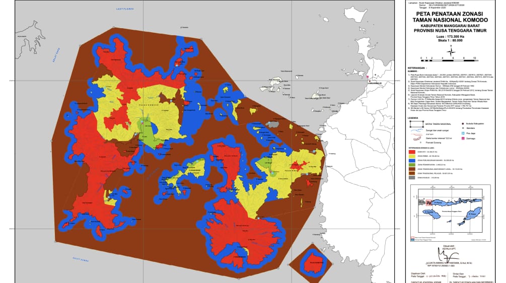 Mapa de la zonificación de uso en el Parque Nacional de Komodo