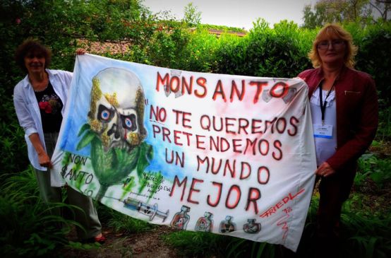 Pancarta Monsanto no te queremos, queremos un mundo mejor