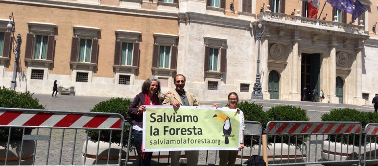 Dario Novellino de CALG con Elisa Norio y Guadalupe Rodríguez de Salva la Selva ante el parlamento italiano Elisa Norio, Guadalupe Rodríguez, Dario Novellino en el Palazzo Montecitorio, Roma para evento sobre Aceite de Palma Insostenible