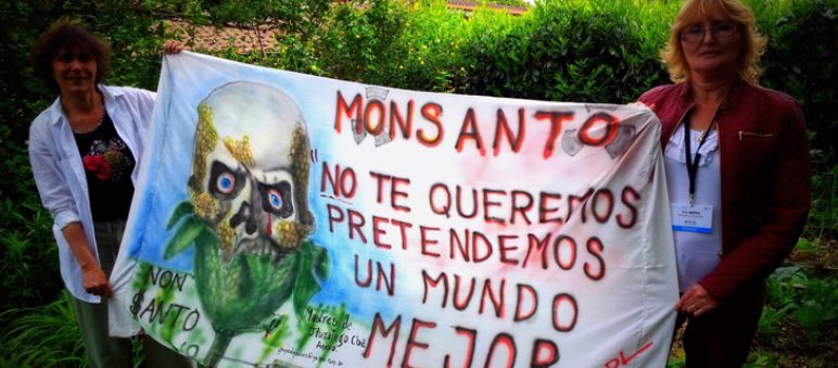 Sofía Gatica con la periodista Marie-Monique Robin (Foto: http://madresdeituzaingo-sofia.blogspot.com.es) Pancarta Monsanto no te queremos, queremos un mundo mejor