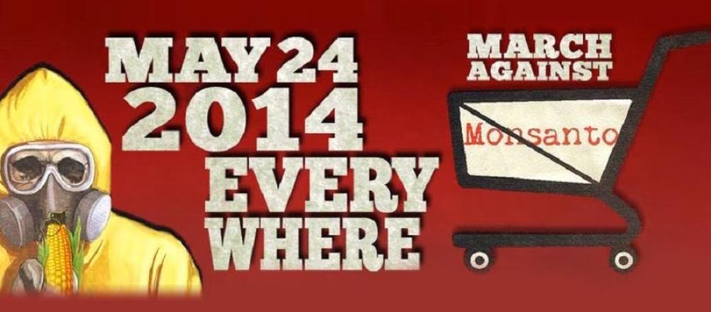 24 de mayo, día de la Marcha Mundial contra Monsanto, en todas partes Cartel de la Marcha Mundial contra Monsanto, con un hombre con máscara antigas